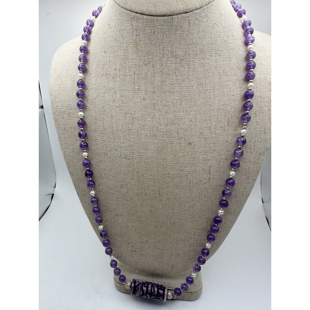 925 Sterling Silver Natural Amethyst Toggle Necklace Long 27 inches